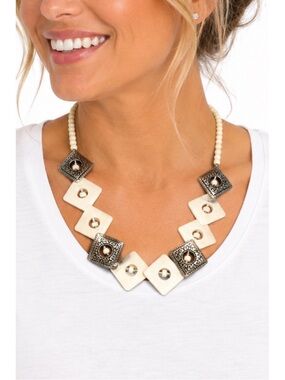 Vintage necklace w/ cream square, diamond-shaped bone and metal pendants